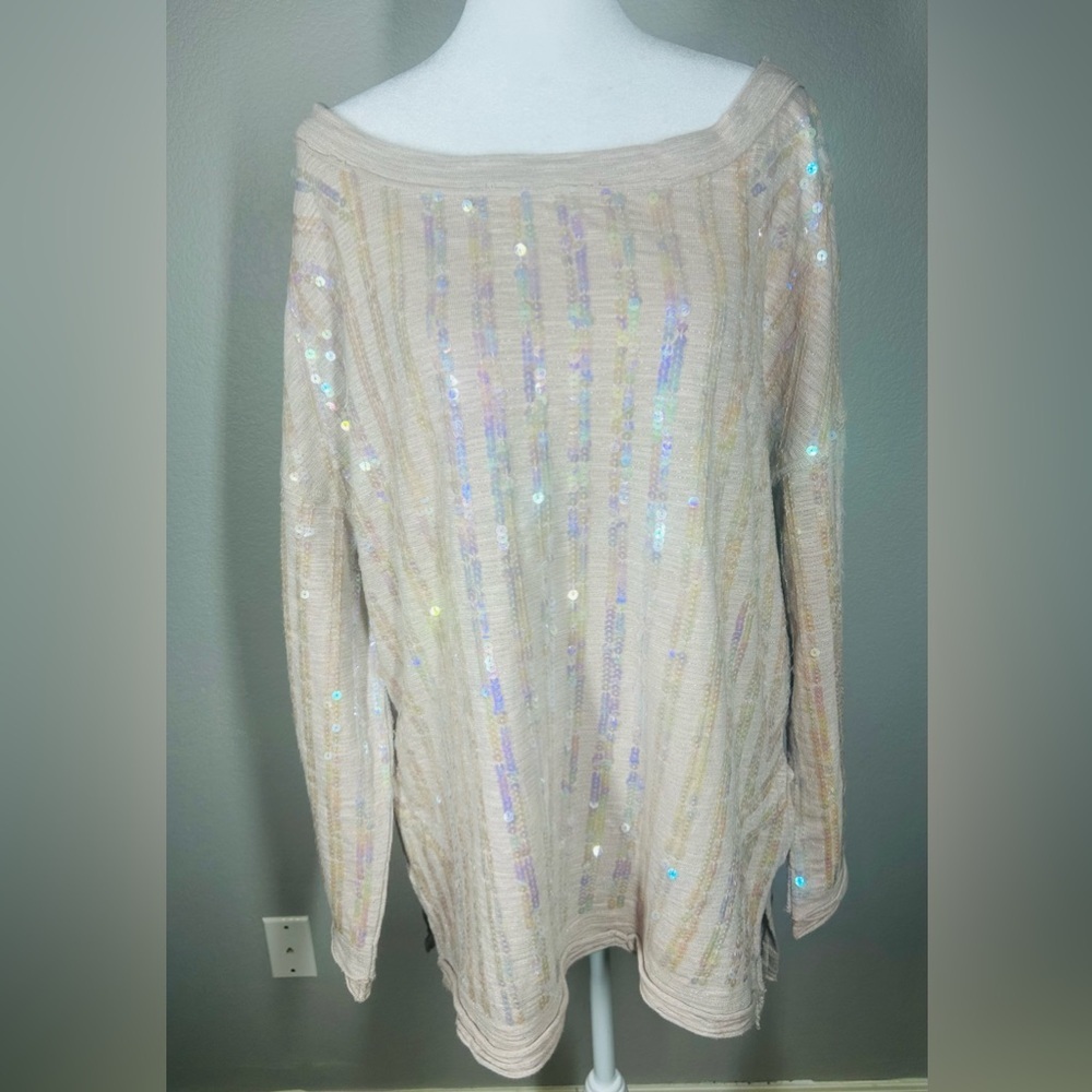 Free People Dusty Pink Oversized Boho Sequin Embellished Sweater Top Size S - Picture 2 of 13